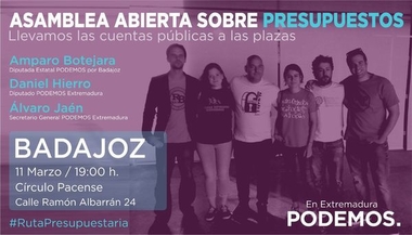 Amparo Botejara, Alvaro Jaén y Daniel Hierro participan mañana en una asamblea abierta en Badajoz para explicar los presupuestos de 2016