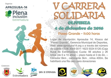 La V Carrera Solidaria de Aprosuba-14 recorrerá el casco histórico de Olivenza (Badajoz) el 4 de diciembre