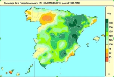 El mes de noviembre de 2016 ha sido normal o ligeramente más frío de lo normal y un 33% más lluvioso
