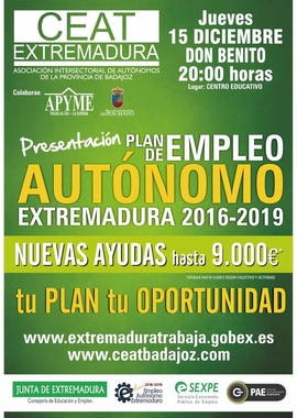 CEAT Extremadura presentará el Plan de Empleo Autónomo Extremadura 2016-2019 en Don Benito en colaboración con APYME y el Ayuntamiento 