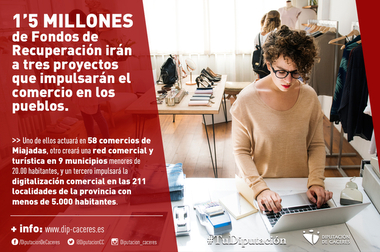 Casi 15 millones de los Fondos de Recuperación van destinados a tres proyectos que impulsarán el comercio en municipios de la provincia de Cáceres