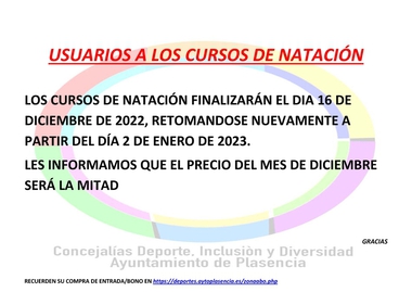 Los cursos de natación finalizarán el día 16 de diciembre y se retomarán a partir del día 2 de enero