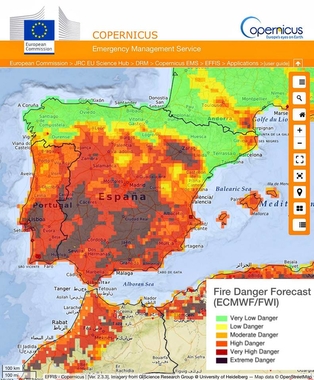 El máximo riesgo de incendios forestales se concentra hoy en la mitad sur de la península y el Valle del Ebro