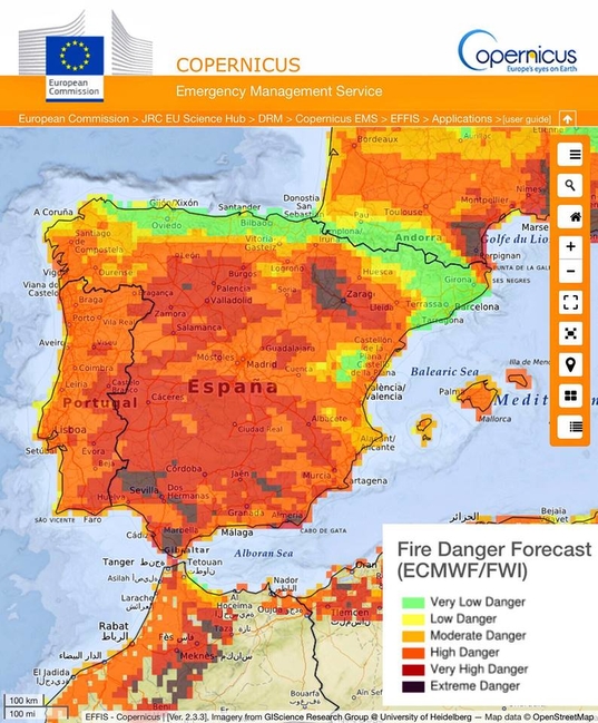 El riesgo de incendios se mantiene alto en Andalucía, las dos Castillas. Extremadura y el Valle del Ebro